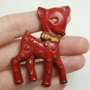 Vintage Red Baby Deer Brooch, Antique Plastic Animal, 30s Style, Estate